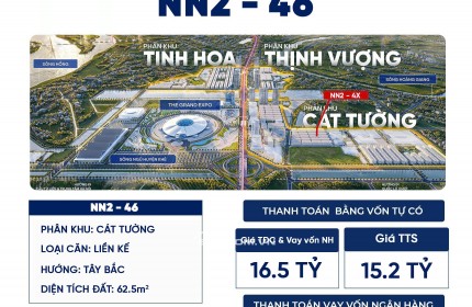 Liền kề PK Cát Tường NN2-46 giá TTS 15,2 tỉ, hướng Tây Bắc 63m2,